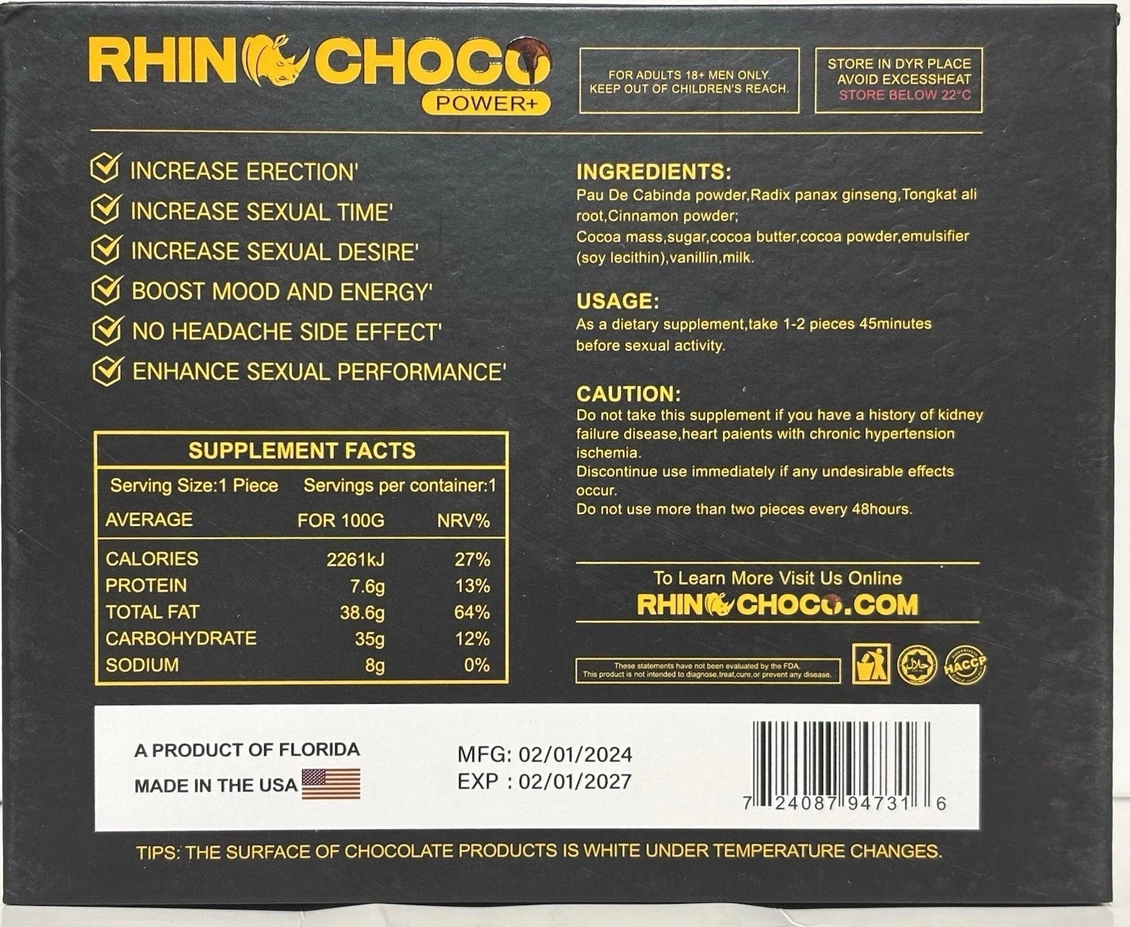 Rhino Choco Power vip Chocolate 12 Pieces Genuine 5 x stronger